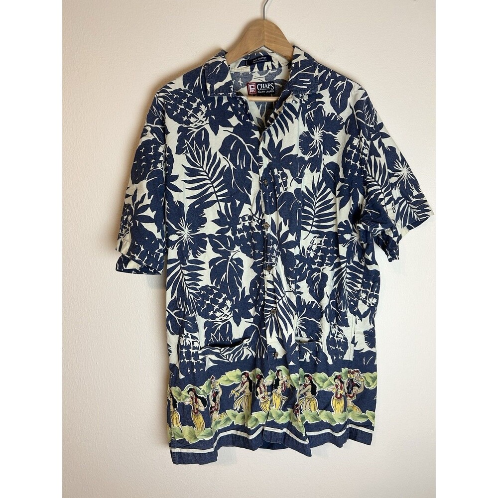 Chaps Ralph Lauren Mens Button Up Shirt L All Over Print Hawaiian Luau Girl